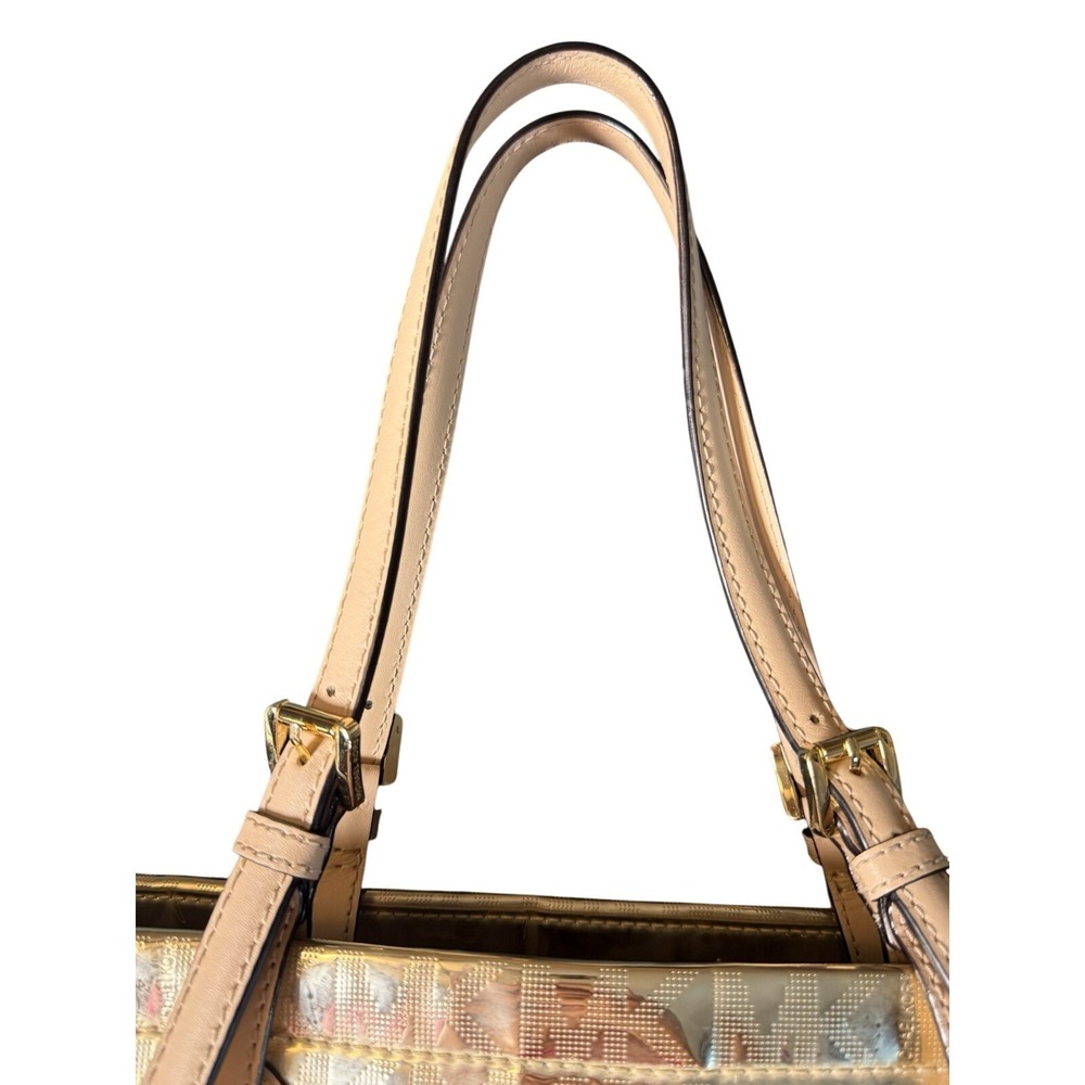Michael Kors Metallic Gold MK Logo Tote Bag 14x14 Shoulder Purse - Picture 6 of 6